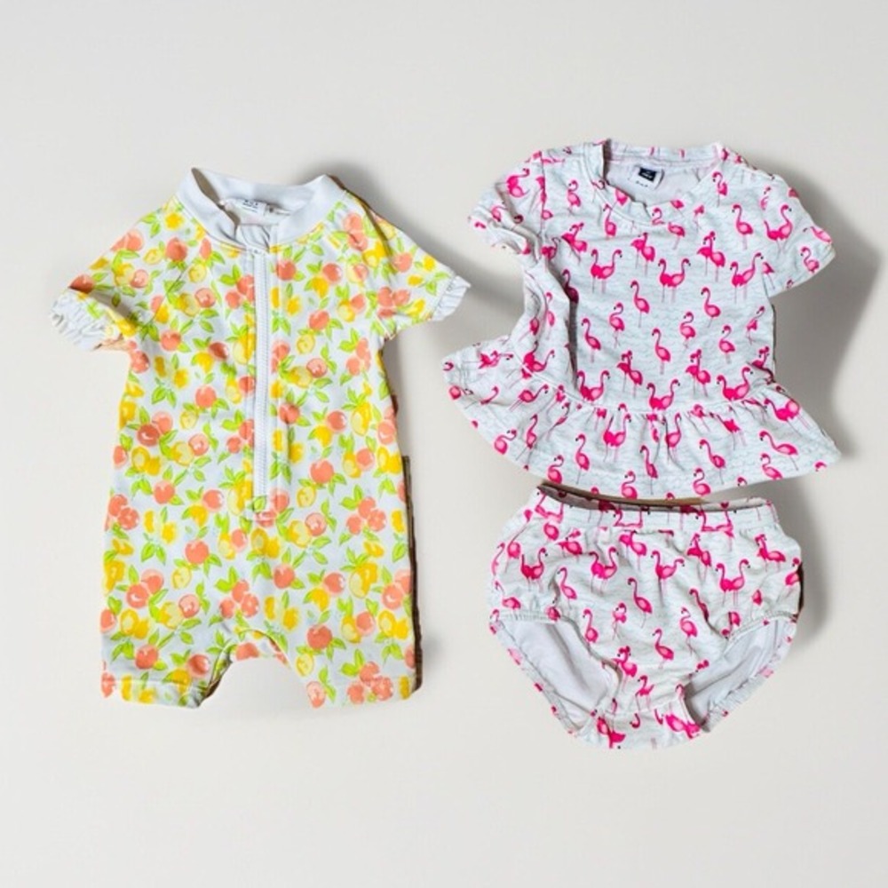 Janie and Jack Swimsuit Bundle Girls 0-3M White Citrus Flamingo Ruffle 2pc